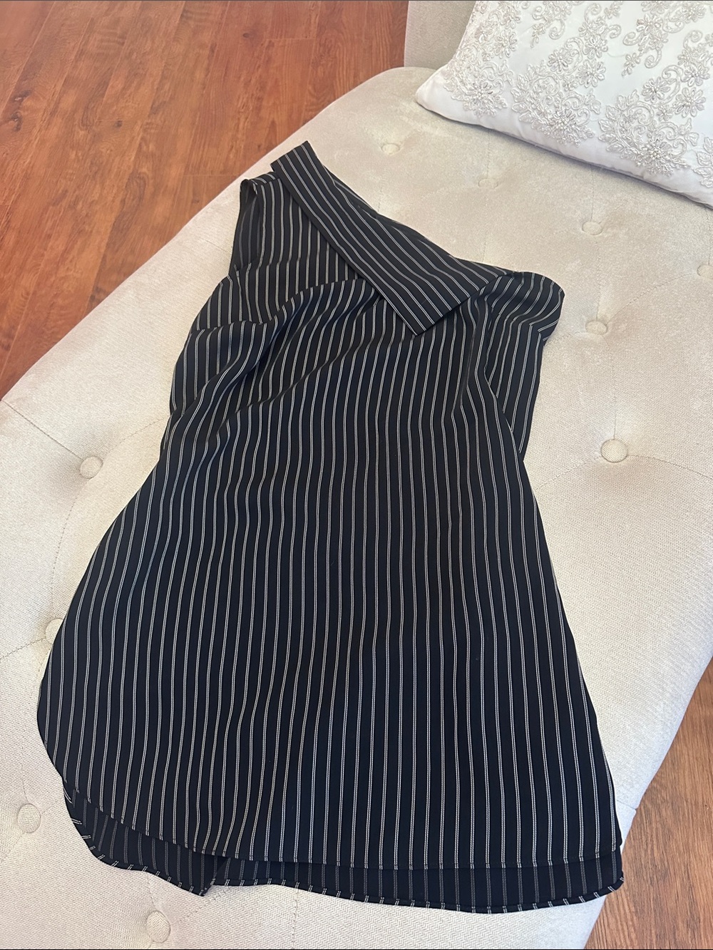 Black Pinstripe One-Shoulder top